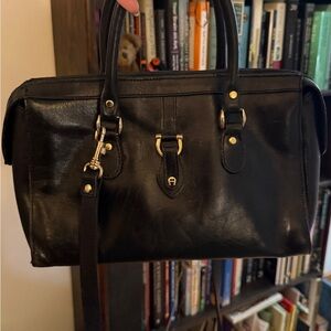 Chic Black Etienne Aigner Leather Doctor Satchel with Gold Hardware